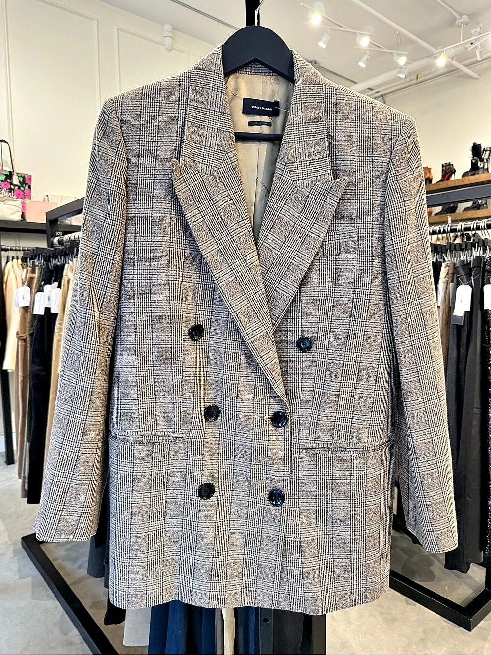 Isabel Marant Plaid Double-Breasted Blazer in brown & White